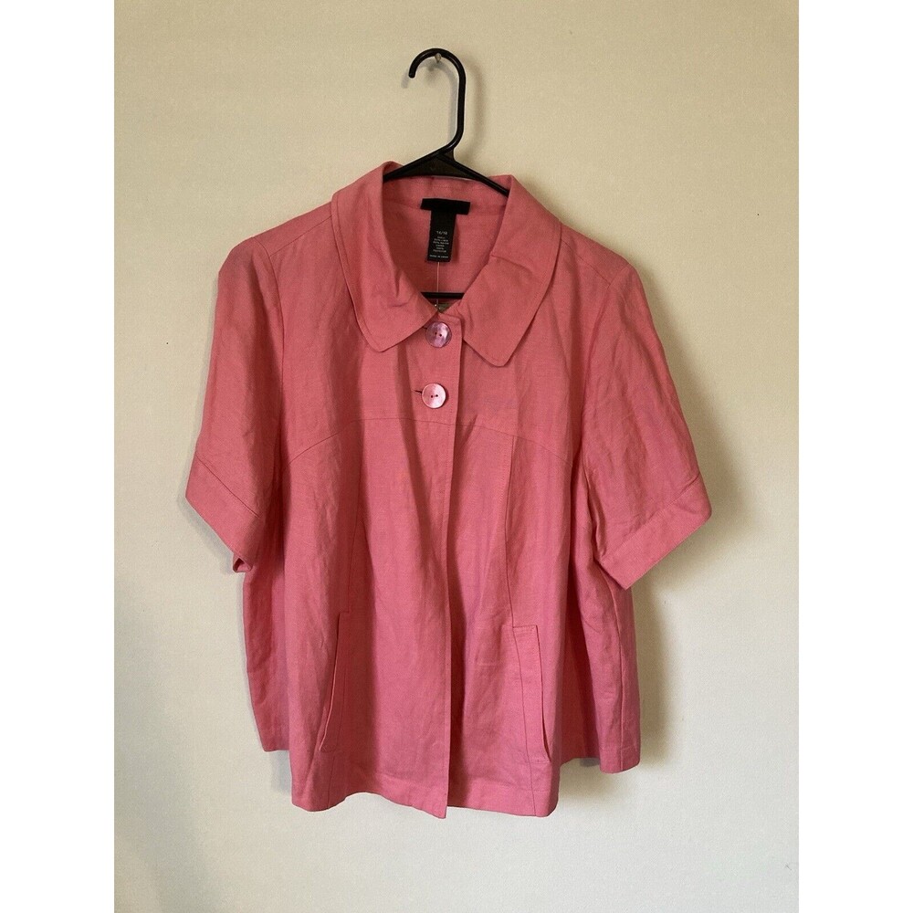 Lane Bryant Blazer Jacket Sz 14/16 Linen Short Sleeve Collar Button Front Pink